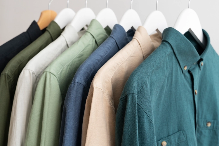 Seven collared shirts in various solid colors are neatly hung on white hangers against a neutral background.