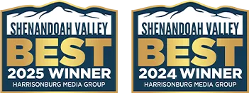Two blue and gold badges read "Shenandoah Valley Best Winner, Harrisonburg Media Group" with one for 2025 and the other for 2024.