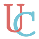 Red letter "U" and blue letter "C" overlap on a light gray background.