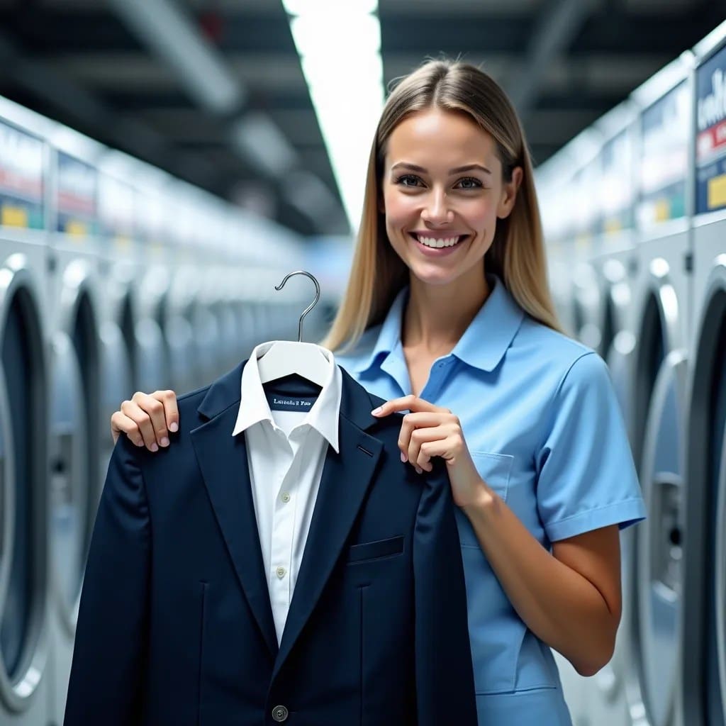 A woman in a blue uniform holds a suit jacket and shirt on a hanger, standing in front of industrial washing machines in a laundromat.