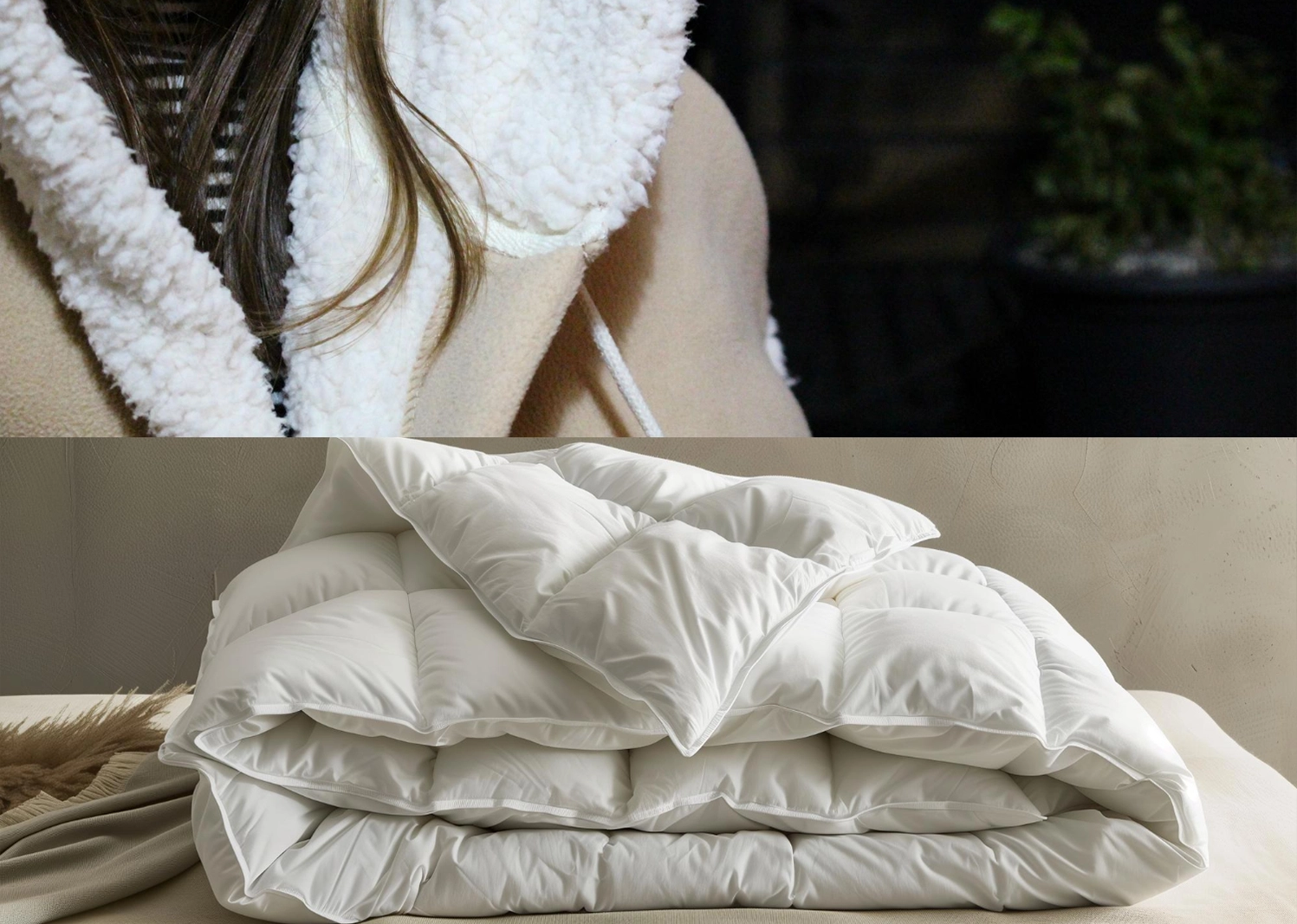 A close-up of a person wearing a tan coat with a white fleece collar above a folded white comforter on a beige surface.