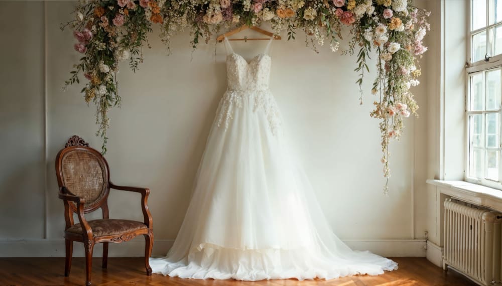 A white wedding dress on a hanger is displayed beneath a floral arrangement, next to a vintage wooden chair, in a sunlit room with large windows.