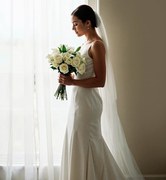 A woman in a white wedding dress and veil holds a bouquet of white roses, standing by a window with sheer curtains.