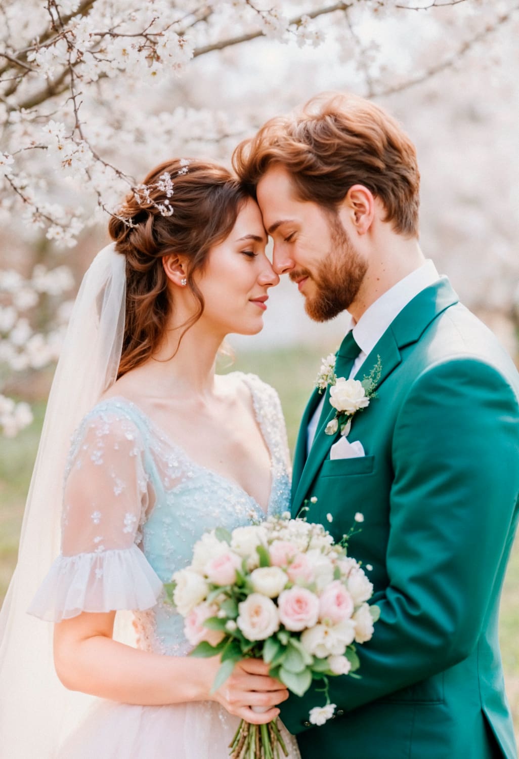 A bride and groom stand close together outdoors, touching foreheads, with the bride holding a bouquet of pale flowers and blooming trees in the background.