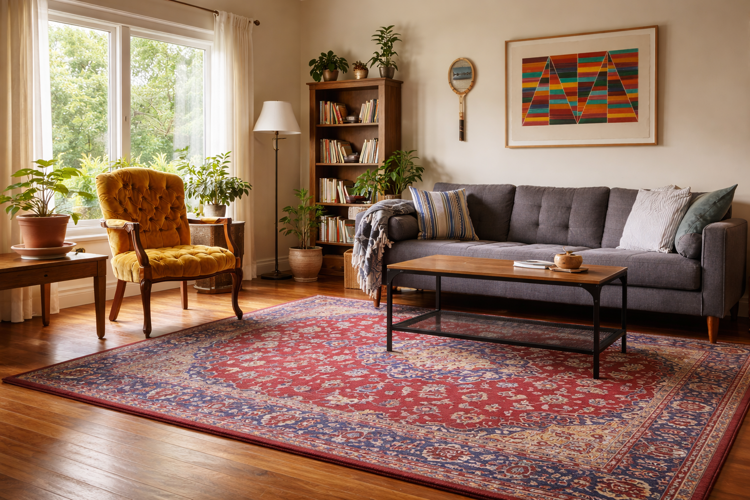 A living room with a gray sofa, yellow armchair, wooden coffee table, potted plants, bookshelf, large patterned rug, and colorful framed art on the wall.