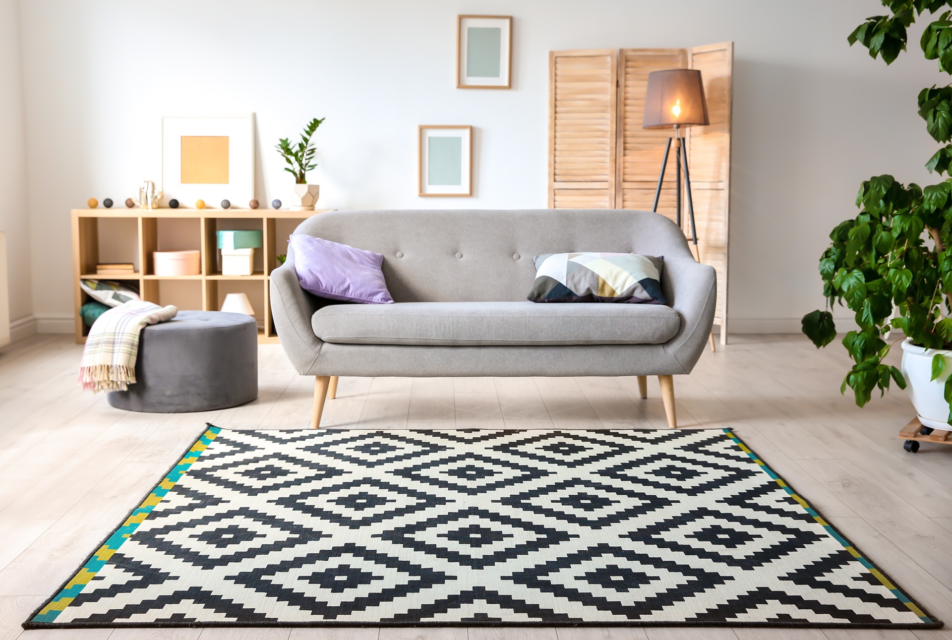 Modern living room with a gray sofa, patterned rug, floor lamp, potted plant, ottoman, and minimalist decor on shelves against a white wall.