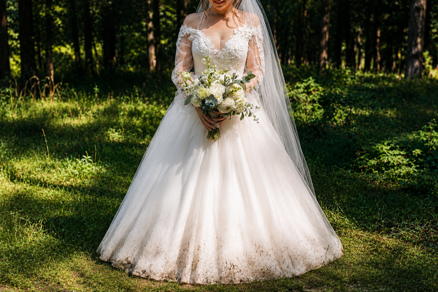 A bride in a white lace wedding dress holds a bouquet of flowers; the hem of her dress is stained with mud while standing on grass in a wooded outdoor setting.